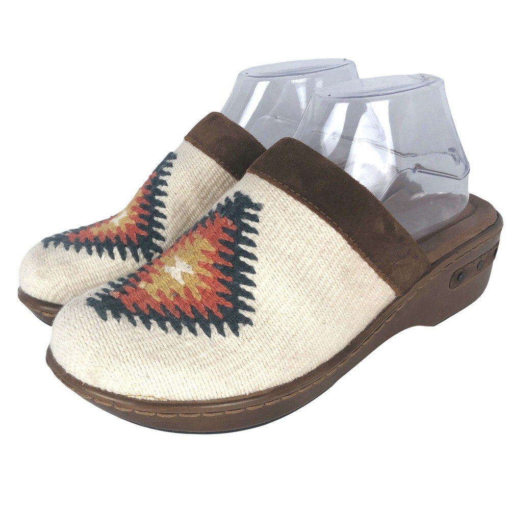 BORN Handcrafted Southwestern Woven Textile Suede Clogs Mules Sz 9/40.5 Brown